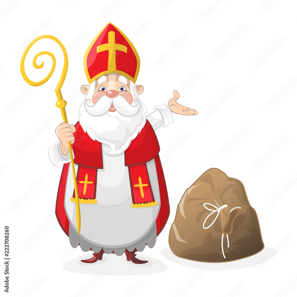Voorloper voorraad extreem Cute Saint Nicholas or Sinterklaas cartoon character with gift bag on the  floor Stock Vector | Adobe Stock