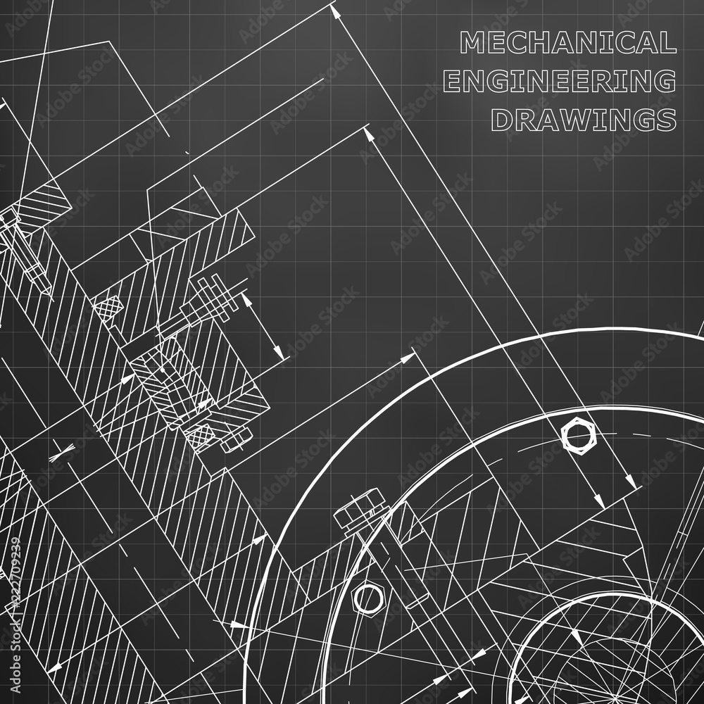 Black background. Grid. Backgrounds of engineering subjects. Technical illustration. Mechanical engineering. Technical design. Instrument making. Cover, banner, flyer