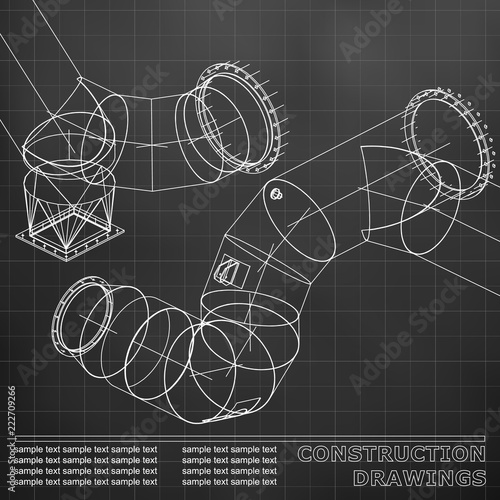 Black. Grid. Drawings of steel structures. Pipes and pipe. 3d blueprint of steel structures. Background for your design