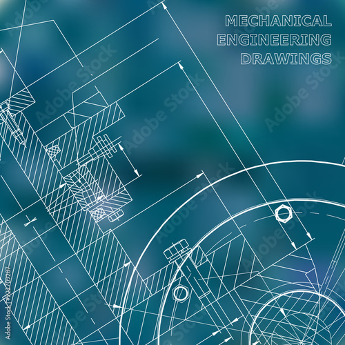 Blue background. Backgrounds of engineering subjects. Technical illustration. Mechanical engineering. Technical design. Instrument making. Cover, banner, flyer