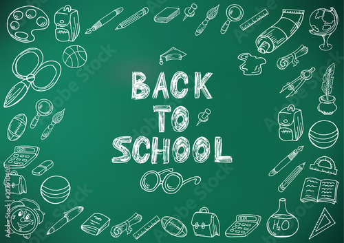 Back to school. Drawing with chalk. Green board. School elements. Hand drawing