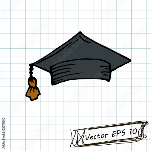 Style of children's drawing. Doodle drawing on a sheet of notebook. Square academic cap, oxford cap. Contour