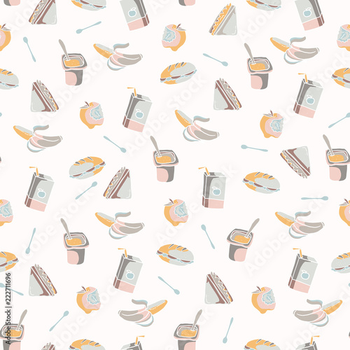 Packed Lunch Seamless Pattern, Hand Drawn Flat Color Vector Food Illustration, Yoghurt Drink, Sandwich, Banana , Apple and Spoon Backgrounds, Kitchen Decor, Nutrition Poster, Back to School Packaging