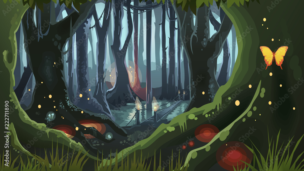 Fototapeta premium Fantasy Forest Ilustracja Ciemna noc magiczne drzewa