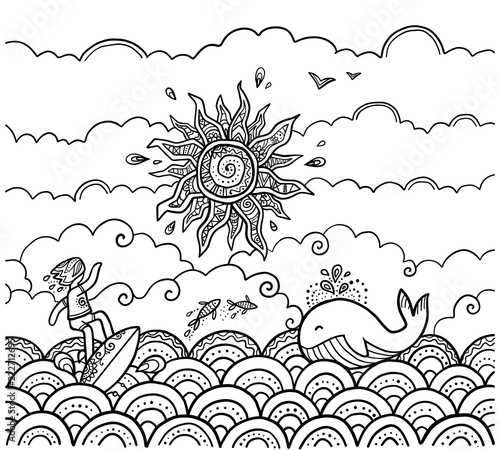 Doodle style coloring book page vector surfing illustration with sun, surfer and whale on waves
