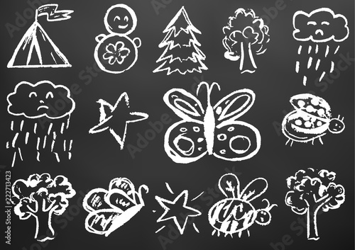 Design elements of packaging, postcards, wraps, covers. Sweet children's creativity. Butterfly, bug, ladybug, tree, star, cloud, rain, fur-tree, tumbler, tent