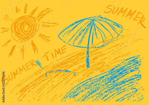 Children's drawing colored crayons. Summer mood. Sea, beach, sun