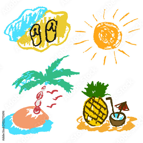 Children's drawing with colored wax crayons. Design elements of packaging, postcards, wraps, covers. Sweet children's creativity. Beach, sea, slippers, sun, palm, seagull, pineapple, coconut, cocktail