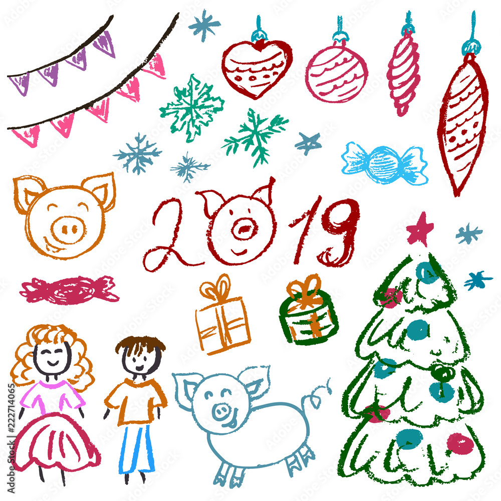 New Year 2019. New Year's set of elements for your creativity. Children's drawings of wax crayons on a white background. Christmas tree, fur-tree toys, candy, gifts, children, 2019, pig