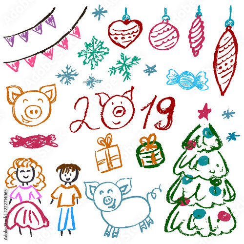 New Year 2019. New Year s set of elements for your creativity. Children s drawings of wax crayons on a white background. Christmas tree  fur-tree toys  candy  gifts  children  2019  pig
