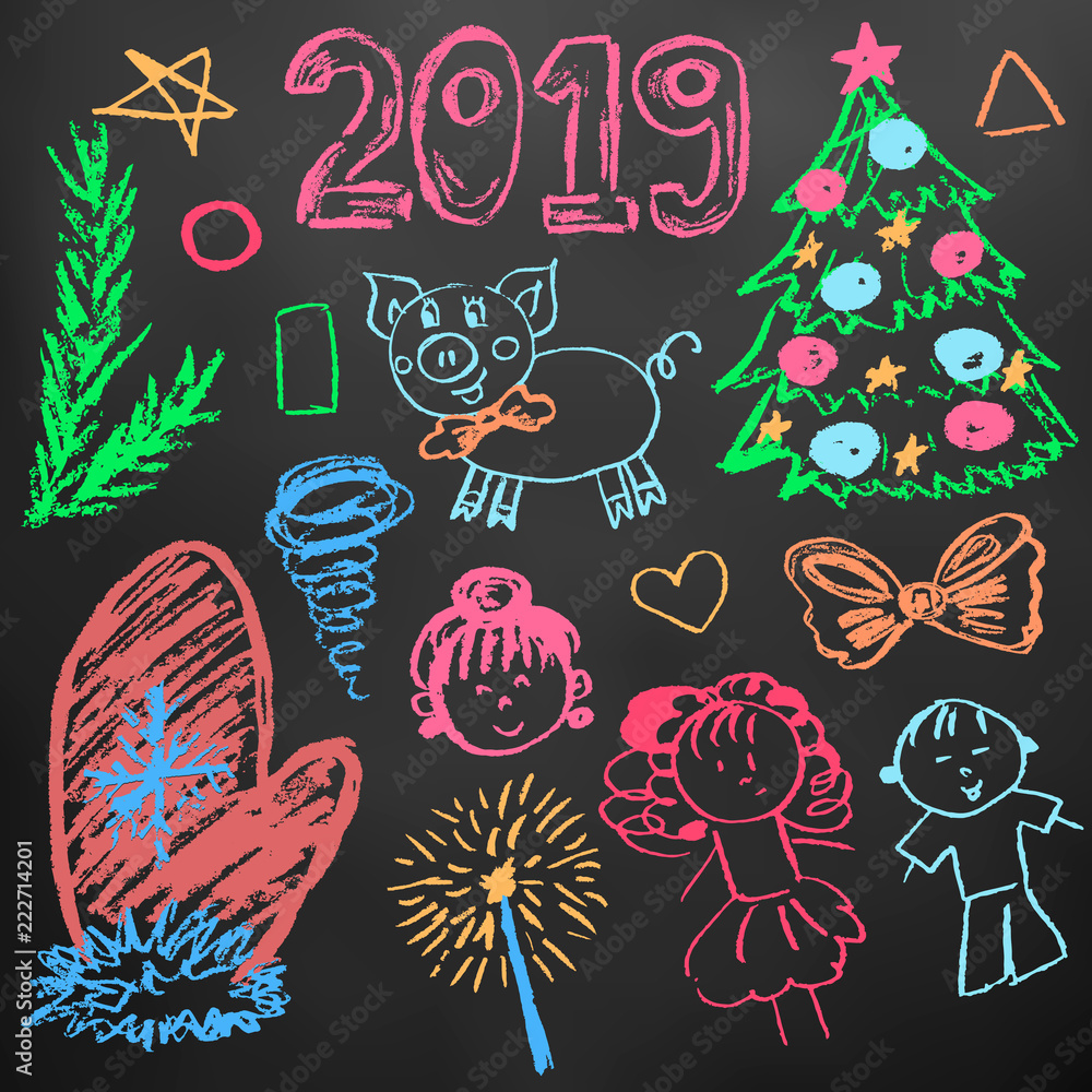 New Year 2019. New Year's set of elements for your creativity. Children's drawings wax crayons on a black background. Christmas tree, mitten, 2019, pig, children New Year 2019. New Year's set of elements for your creativity. Children's drawings wax crayons on a black background. Christmas tree, mitten, 2019, pig, children