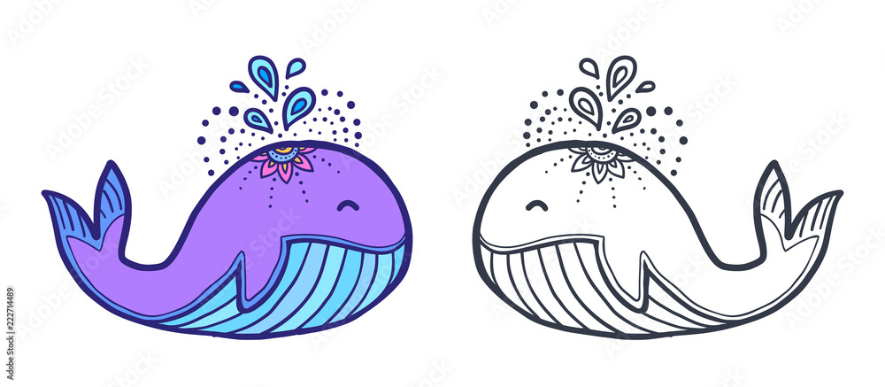 Cute funny whale coloring book vector illustration in two variants: colored sample and black contour for coloring