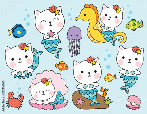 Dekoracja na wymiar  cute-cat-mermaid-character-with-fishes-seahorse-shell-and-crab-under-the-sea-vector-illustration