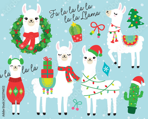 Cute llama and alpaca with Christmas holidays theme vector illustration. Llama wearing Santa hat and sweater, carrying Christmas gifts. Llama with Christmas wreath and light. Cactus with Santa hat.