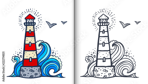 Doodle style white and red lighthouse vector coloring book illustration with colored sample and clear version isolated on white