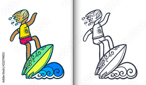 Vector surfing illustration with surfer on wave in doodle style. Coloring book pages with clear lineart and colored sample