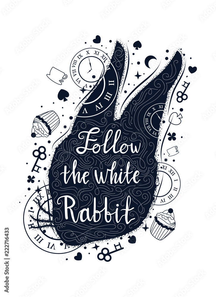 Follow the white rabbit vintage illustration with rabbit's head. Alice