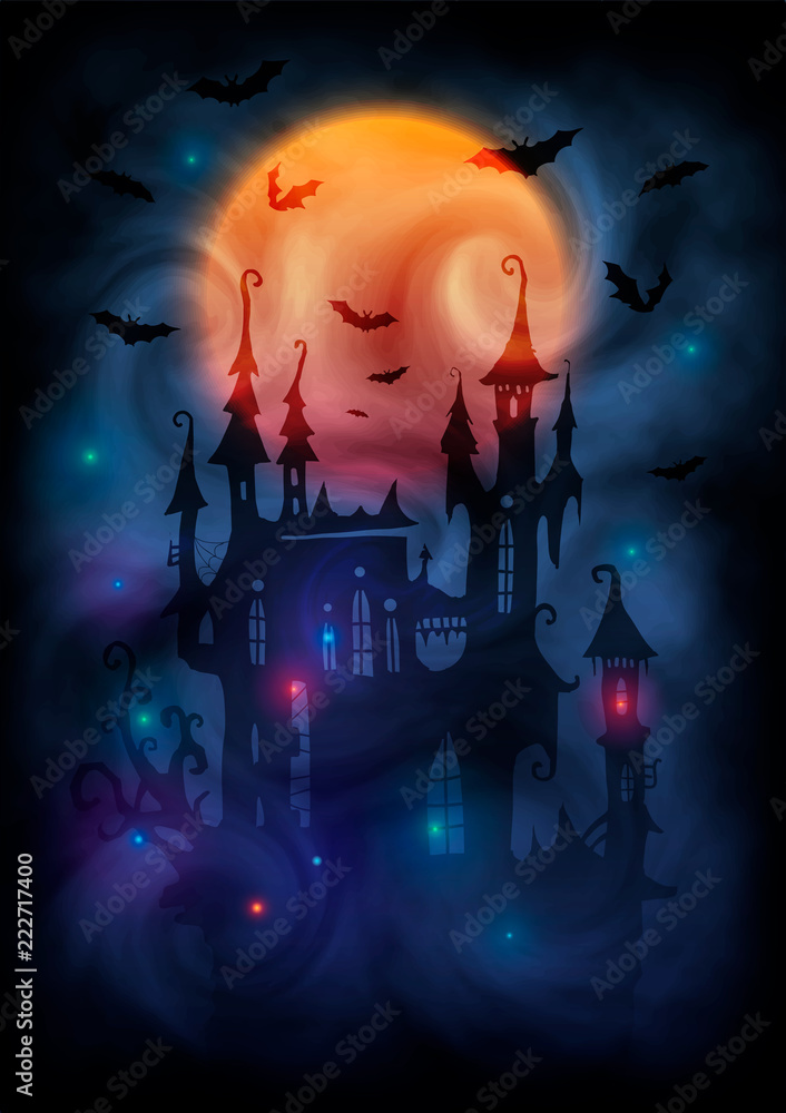 Magic colors giant full moon, witch castle dark silhouette, bats and mystic lights in fog. Halloween poster vector background