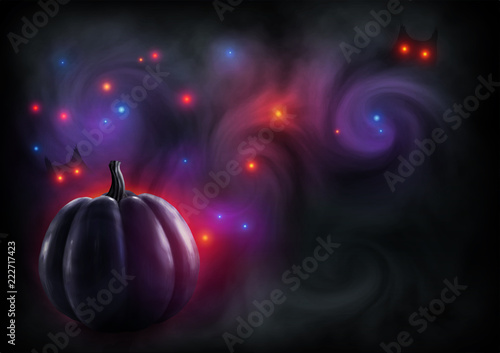Black realistic pumpkin silhouette on dark smoky background with mystic red lights and eyes. Vector greeting card horizontal background