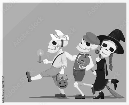 Black and white photograph of the skull children on Halloween night