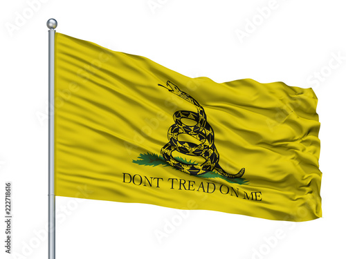Gadsden Flag On Flagpole, Isolated On White Background, 3D Rendering