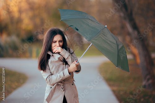 Canvastavla Girl Fighting The Wind Holding Umbrella Raining Weather