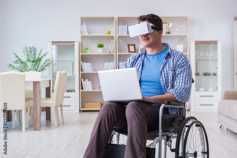 Freelance student studying with laptop and virtual reality glass Freelance student studying with laptop and virtual reality glass