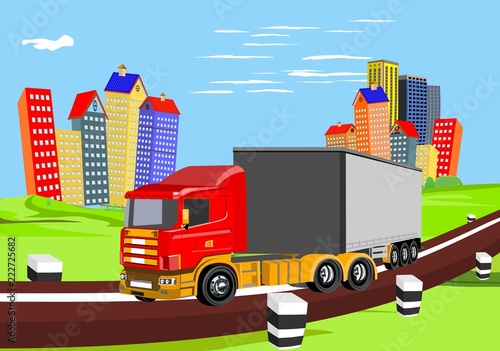 Vector 3d truck automobill driving on hihgway, countryside, city buldings on background, vector illustration
