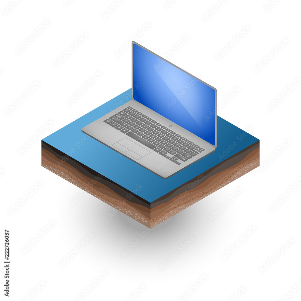 Isometric laptop placed on the piece of soil Isometric laptop placed on the piece of soil