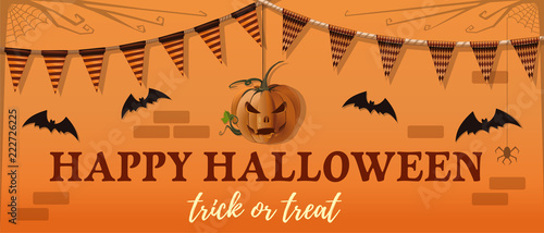 Halloween banner design. Jack-o-lantern, bat and a greeting inscription on an orange background. Vector illustration