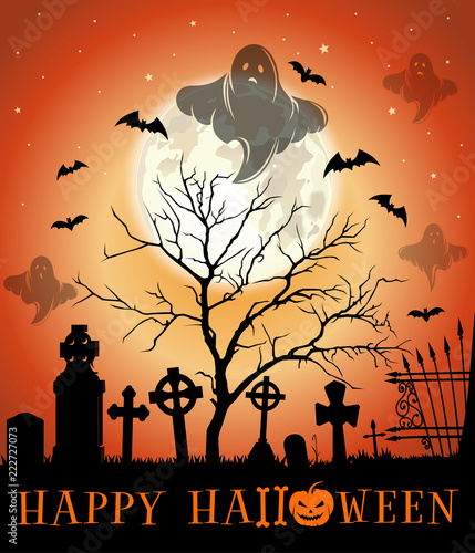 Halloween design. Halloween greeting card with haunted cemetery. Vector illustration