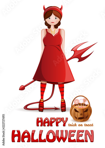 Happy Halloween design. Cute girl in a red demon costume with a basket for sweets. Trick or treat. Vector illustration