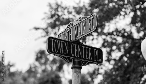 Town Center Street Sign Black and White photo