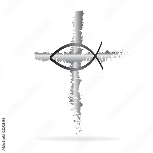Christian cross grunge style fish religion symbol logo
