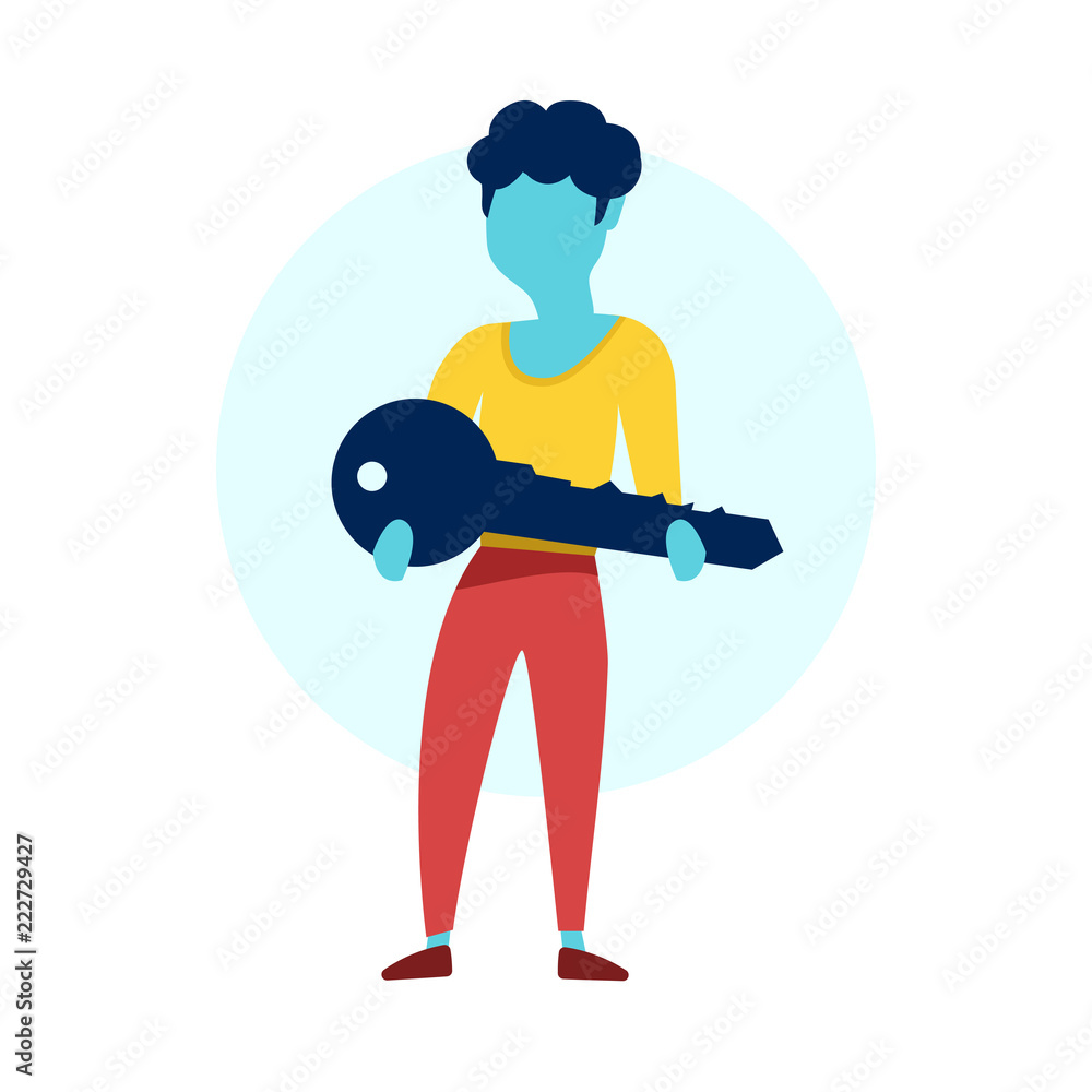 Woman holding oversized key. Privacy and security concept. Isolated vector illustration.