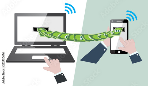 transfer money online with mobile phone to laptop, payment money technology concept