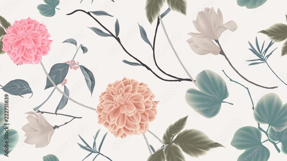 Obraz premium Botanical seamless pattern, dahlia, magnolia flowers and leaves on light grey background