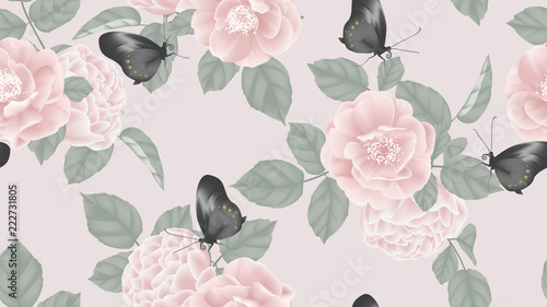 Botanical seamless pattern, pink rose flowers and butterflies on pink background