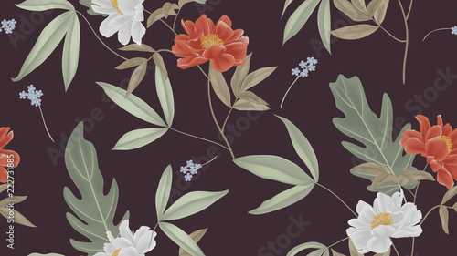 Botanical seamless pattern, red and white paenia lactiflora flowers and leaves on dark pink background