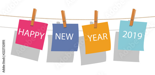 happy new year word on note paper hanging with wood clip on rope, shadow on white background, vector