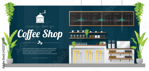 Interior background , modern coffee shop counter bar scene , vector , illustration