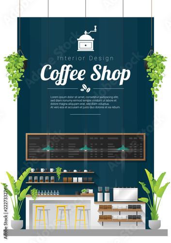 Interior background , modern coffee shop counter bar scene , vector , illustration