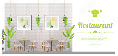 Interior background , modern restaurant with tables and chairs scene , vector , illustration