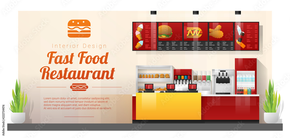 Interior background with modern fast food restaurant counter , vector ...