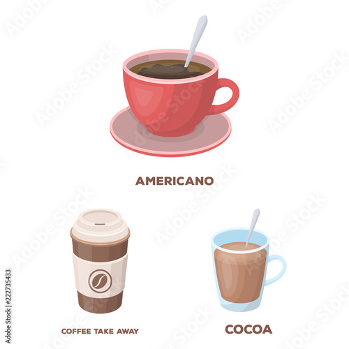 Different kinds of coffee cartoon icons in set collection for design. Coffee drink vector symbol stock web illustration.
