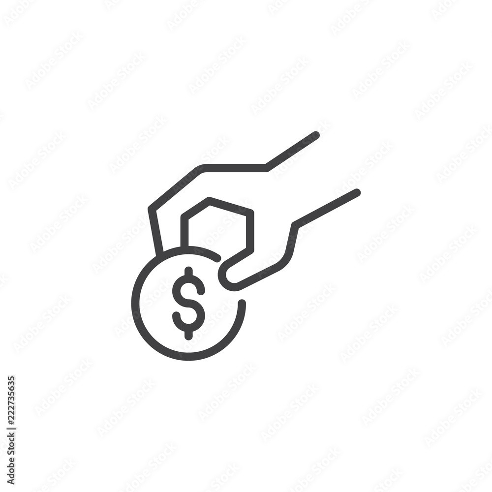 Coin Donation outline icon. linear style sign for mobile concept and web design. Hand give dollar money simple line vector icon. Symbol, logo illustration. Pixel perfect vector graphics Coin Donation outline icon. linear style sign for mobile concept and web design. Hand give dollar money simple line vector icon. Symbol, logo illustration. Pixel perfect vector graphics