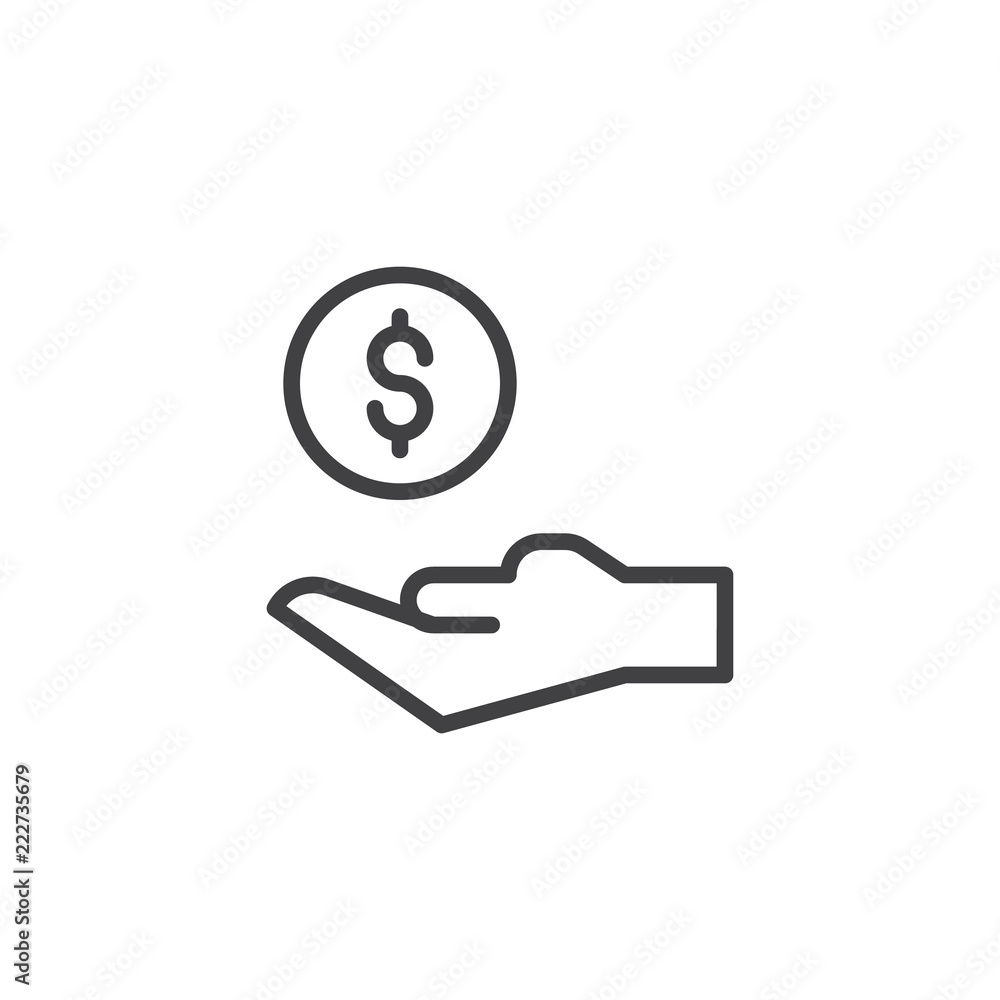 Hand and coin outline icon. linear style sign for mobile concept and web design. Money Donation simple line vector icon. Symbol, logo illustration. Pixel perfect vector graphics Hand and coin outline icon. linear style sign for mobile concept and web design. Money Donation simple line vector icon. Symbol, logo illustration. Pixel perfect vector graphics