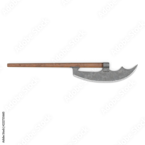 Bardiche Long Poleaxe Weapon Top view. on white. 3D illustration photo