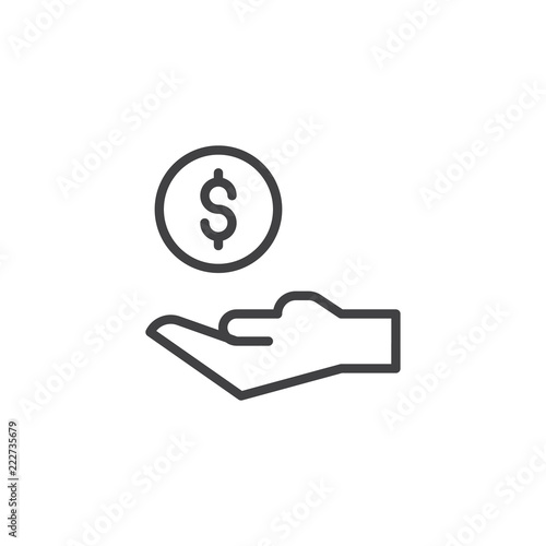 Hand and coin outline icon. linear style sign for mobile concept and web design. Money Donation simple line vector icon. Symbol, logo illustration. Pixel perfect vector graphics