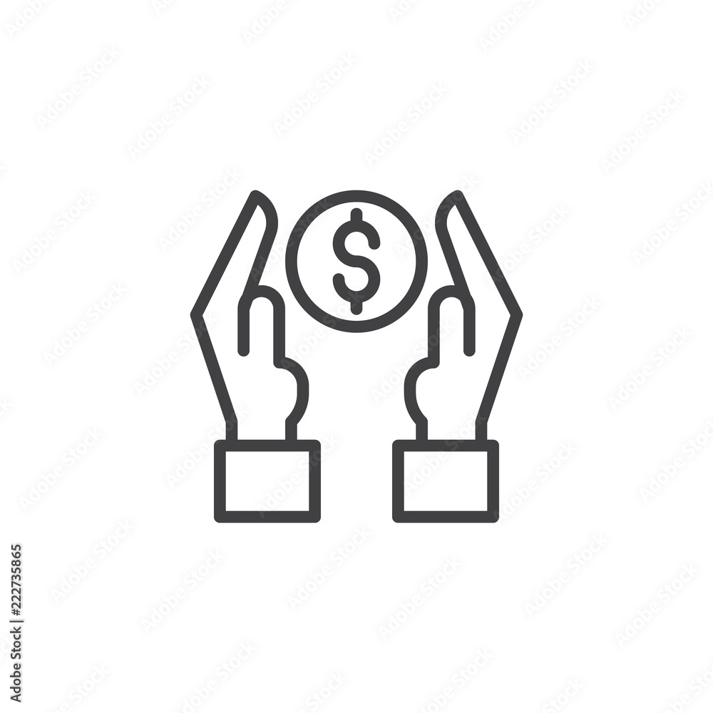 Hands with dollar coin outline icon. linear style sign for mobile concept and web design. Money Donation hand simple line vector icon. Symbol, logo illustration. Pixel perfect vector graphics Hands with dollar coin outline icon. linear style sign for mobile concept and web design. Money Donation hand simple line vector icon. Symbol, logo illustration. Pixel perfect vector graphics